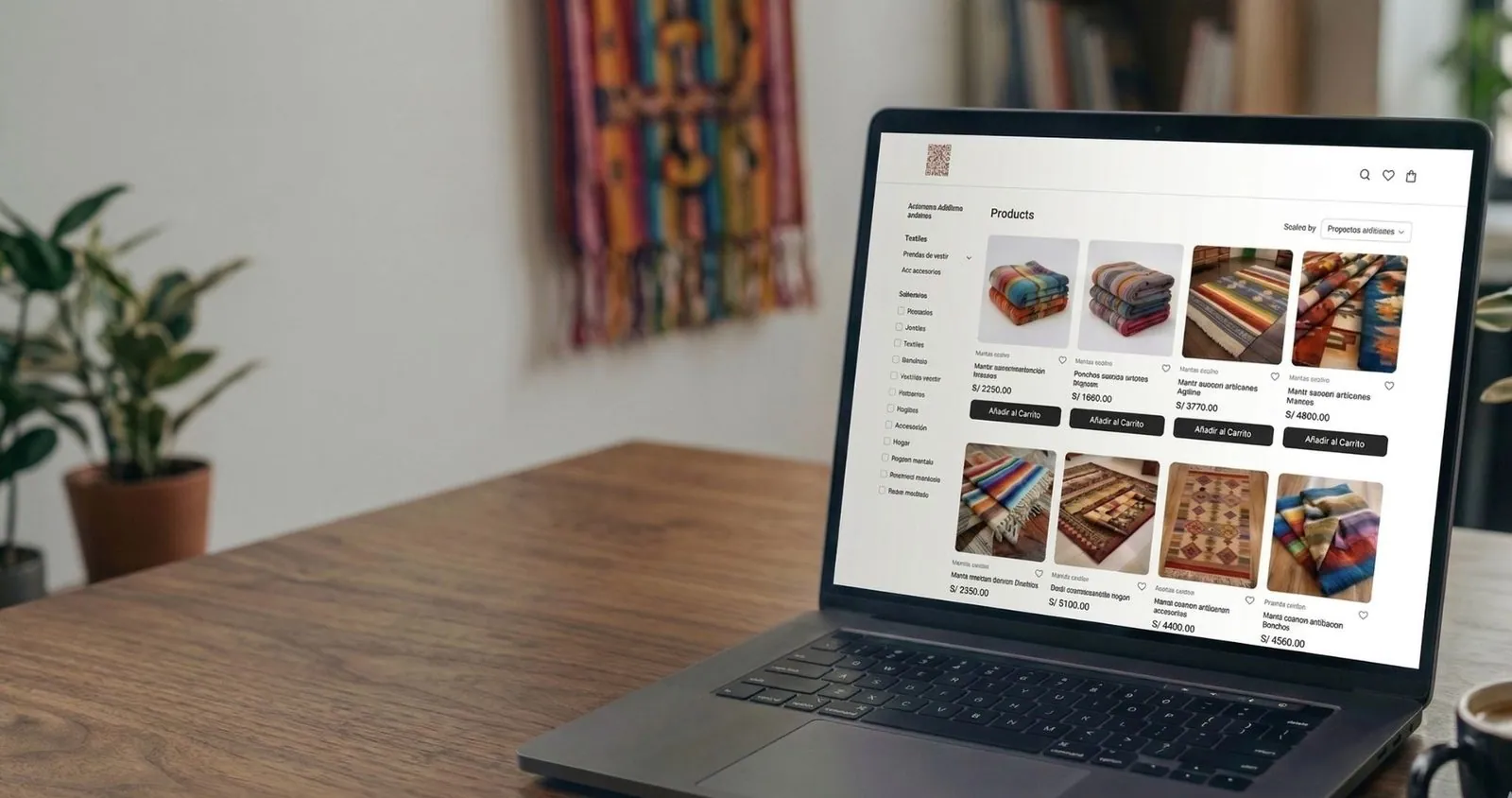 Tienda virtual con catálogo de textiles peruanos, filtros y botones de añadir al carrito, abierta en una laptop